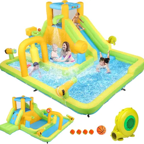 JOYMOR Giant Inflatable Bounce House with Pool with Slide, 83x40 inch Inflatable Splash Pool, Climbing Wall, Shower Spray, Sticky Ball, 3-side Mesh Guard, Air Blower, Carry-bag Storage for Kids' Backyard Play