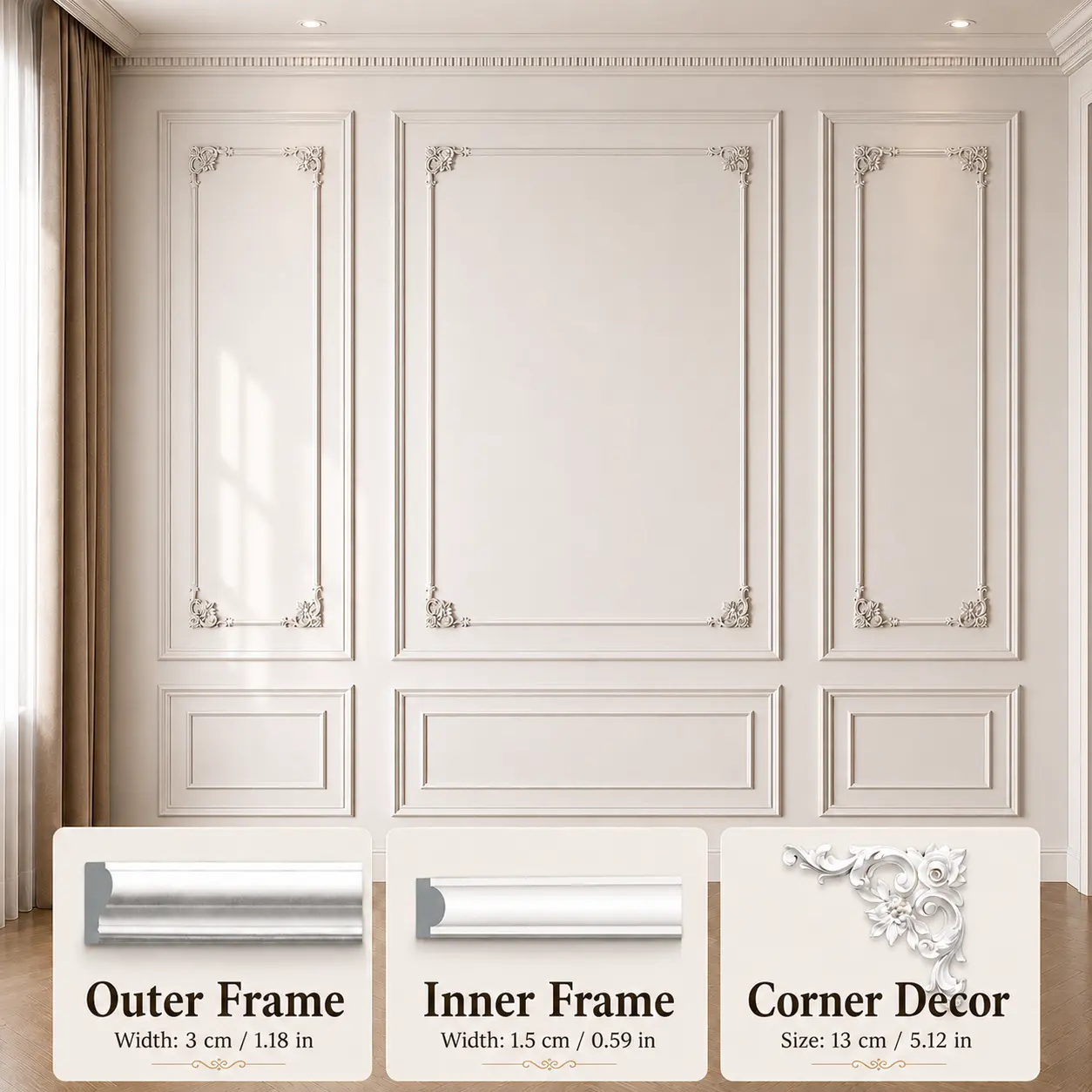 ASHOME French wall molding, PU material Pre-Cut Decorative Wall Panel Kit-DIY Wainscoting Interior Moulding Trim for Living Room Decor, wall decor 3 Top, 3 Bottom wall decor Available in various styles; options include an inner frame and corner accents.