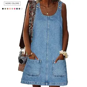 Danedvi Women's Loose Sleeveless Crewneck Vintage Casual Denim Mini Dress - Breathable Short Overall with Strap Detail, Soft Pockets for Summer Outdoor Wear