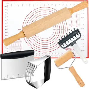 Rolling Pins for Baking, Small Dough Roller with Handle, Stainless Steel Pastry Blender Set with Pizza Dough Roller Docker, Pastry Cutter, Dough Cutter, Baking Mat, for Home Kitchen Cooking
