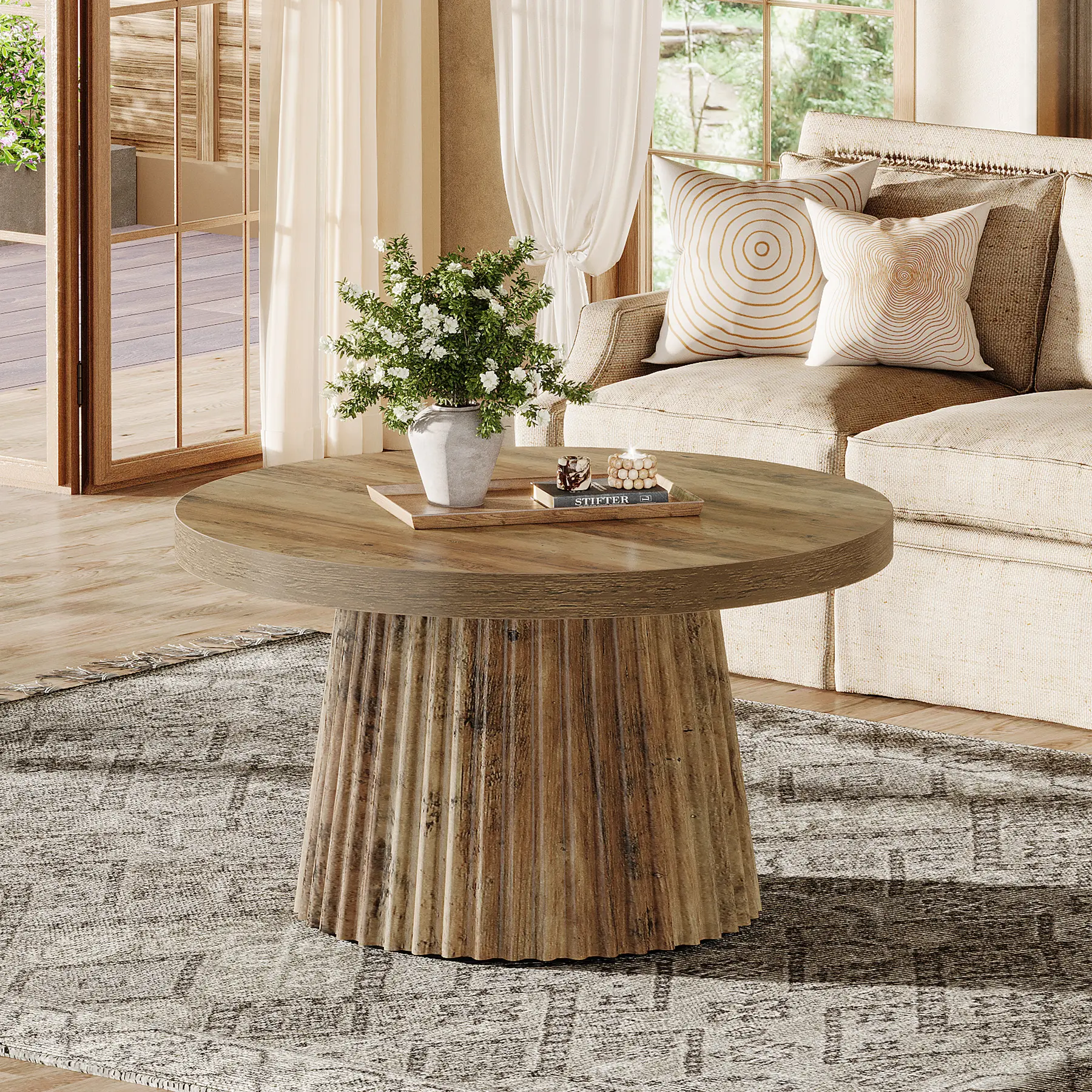 LITTLE TREE Round Coffee Table, 31.5" Modern Circle Center Table with Fluted Drum Base and Wood Grain Finish, Minimalist Accent Cocktail Table for Living Room, Apartment, Small Space