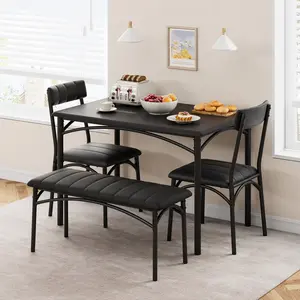 Dining Table Set for 4, Kitchen Table with Upholstered Chairs and Bench, 4-Person Dining Room Table Set, Rectangular Kitchen Table Set for Small Space, Apartment, Home, Studio, Rustic Black