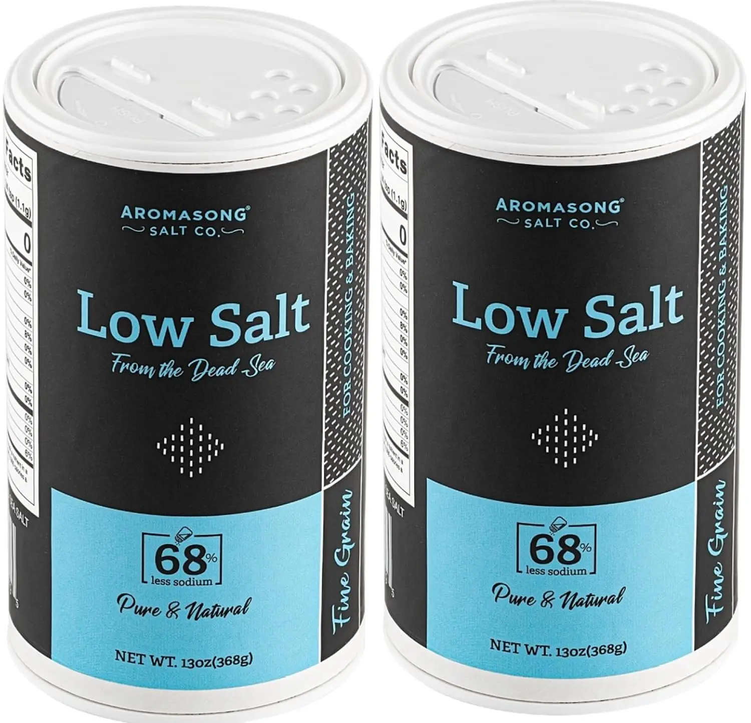 Aromasong Salt Co. Natural Low Sodium Dead Sea Fine Grain Salt (2-Pack 13oz Jars, 500g Equivalent) - 68% Less Than Regular, Savory US Flavor, Potassium Chloride Blend, Ambient Storage, 24-Month Shelf Life