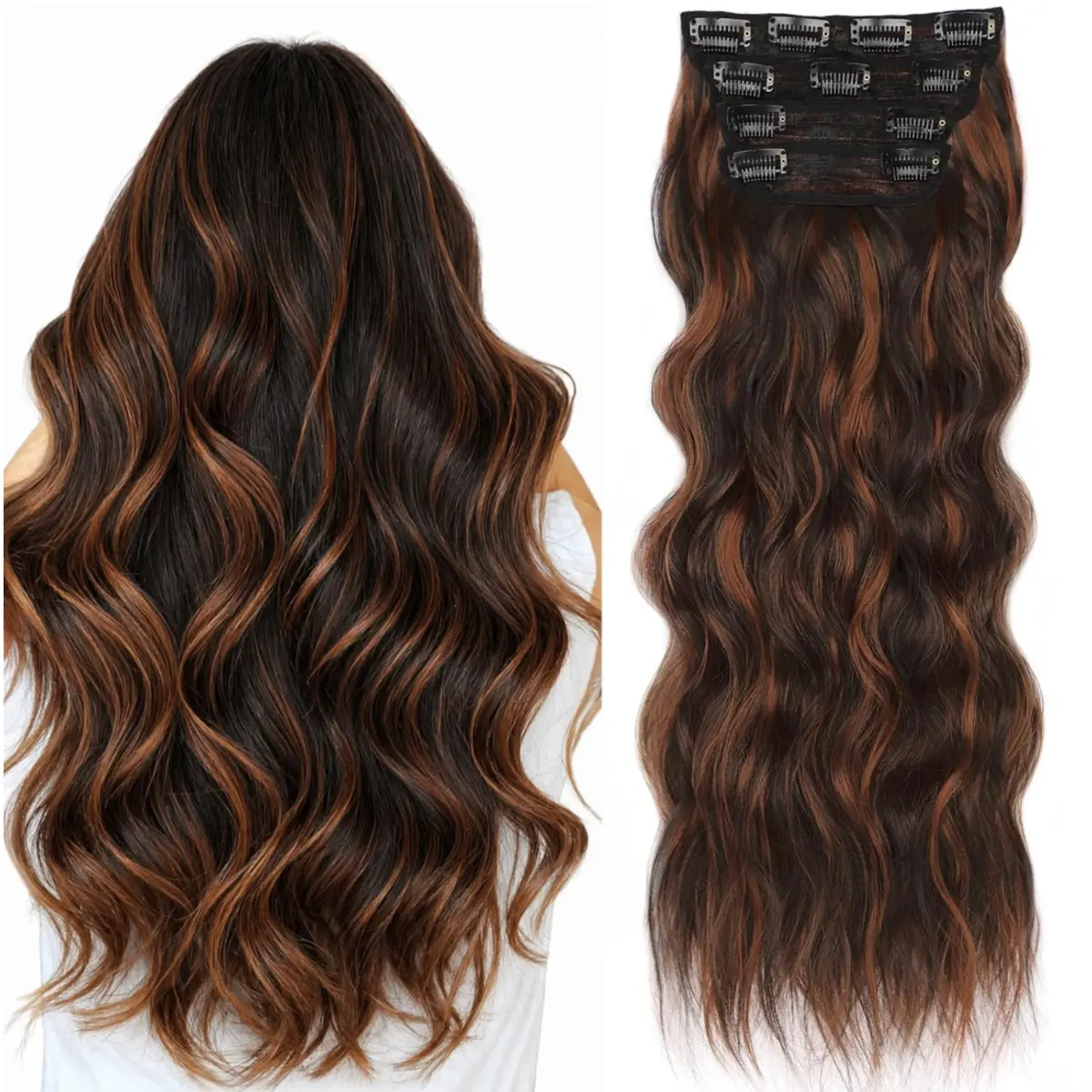 4Pcs Clip in Hair Extensions 20inch Long Wavy Synthetic Hair Extension Clip in 190g/6.7oz Dark Brown Mixed Highlight Hair Extensions for Women