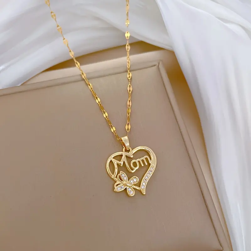 Women's Stainless Steel Heart-Shape Link Chain Necklace with Butterfly Pendant & Elegant Cubic Zirconia - Comfortable Mothers Day Gift for Women, Ideal for Daily Wear & Special Occasions, Gifts For Women tiktokshopbacktoschool