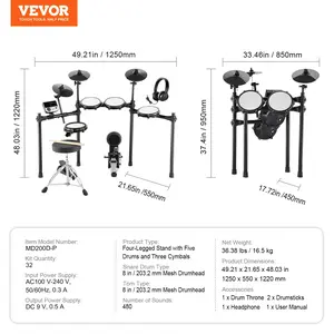 VEVOR Electric Drum Set, 32 Drum Kits 480 Sounds Electronic Drum Kit, USB MIDI Supported 8 in Quiet Mesh Snare Electric Drum Set with 10 in Cymbals Drum Sticks Headphone, for Beginners Adults