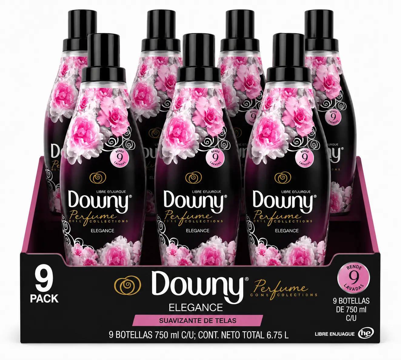 Downy Perfume Collections Elegance Liquid Fabric Softener, 9 Pack, 750 ml Bottles, Long-Lasting Floral Fragrance