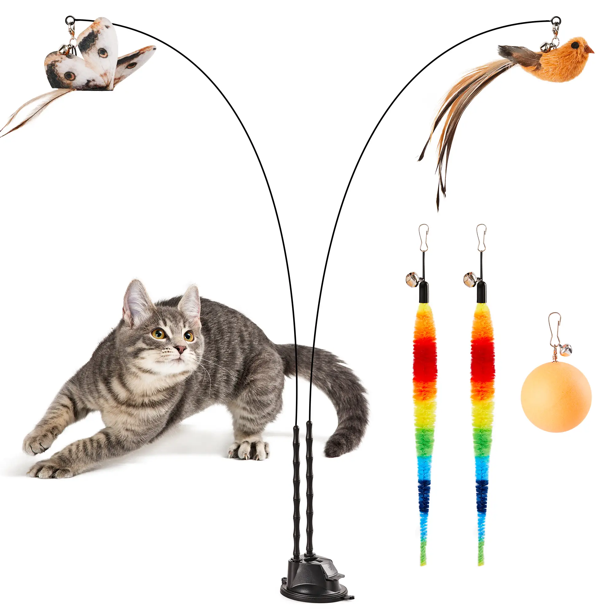 Potaroma Interactive Suction Cup Cat Wand Toys, Dual-Wand Kitten Toy for Indoor Cats with 5 Pcs Feathers Balls Attachments, Charcoal Base