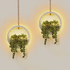 2pcs Artificial Hanging Plants with Lights Fake Succulents Plant in Pot Boho Wall Decor Fake String of Pearls with Lanyard for Bathroom Living Room Home Balcony Ceiling (White)