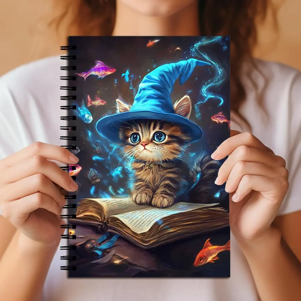 Wizard Cat Spiral Notebook, Magical Kitten Design, Aesthetic Cute Journal, Lined Paper Notebook, School Office Stationery for Teens Girls Students