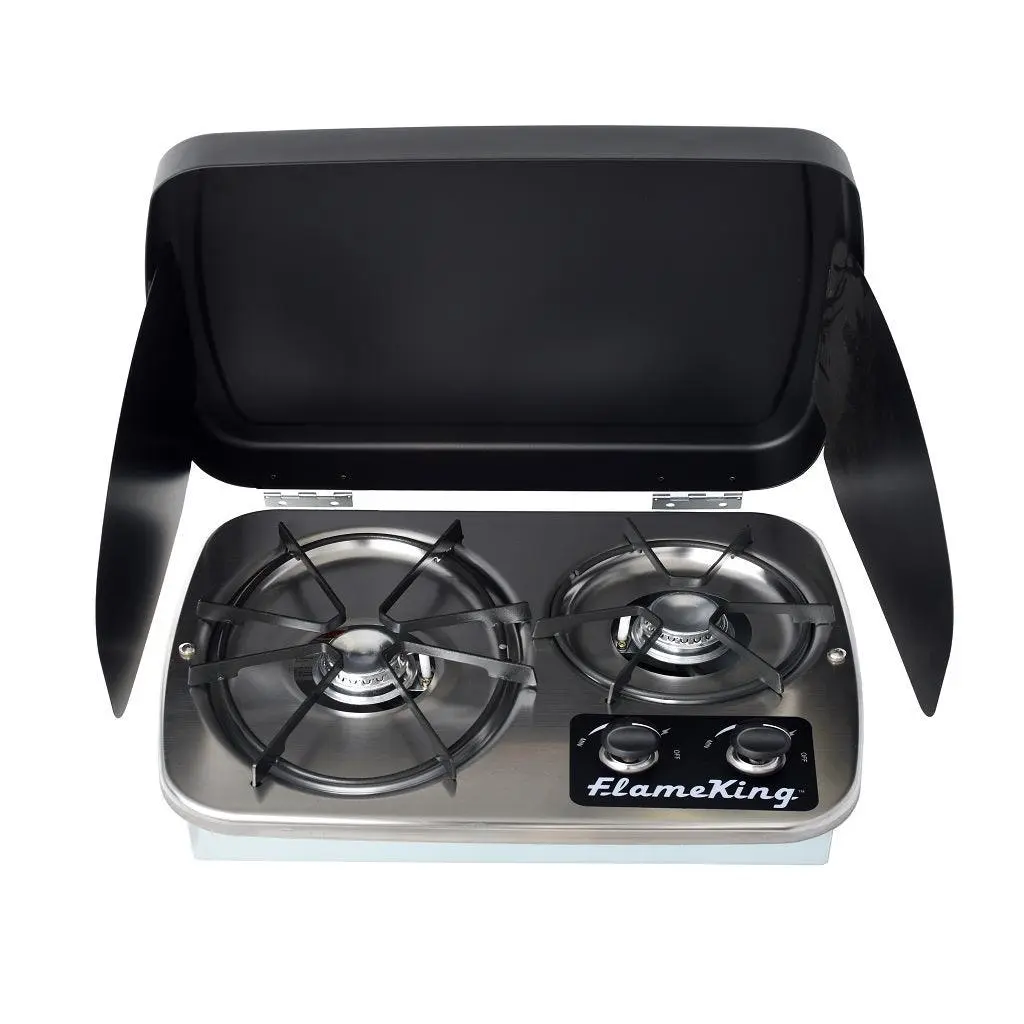 Flame King 2-Burner Built-in RV Cooktop Propane Stove, 7200 and 5200 BTU Burners, Self-Igniting, Cover Included