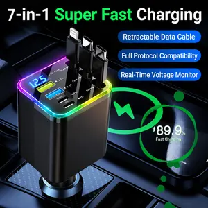 Ultimate 7-in-1 Retractable Car Charger: 120W Max Fast Charge for iPhone, Samsung & Huawei. Features 3-in-1 Auto-Retract Cables, Digital Voltage Monitor & Smart Protection. The Must-Have Road Trip Essential for a Clutter-Free Console!