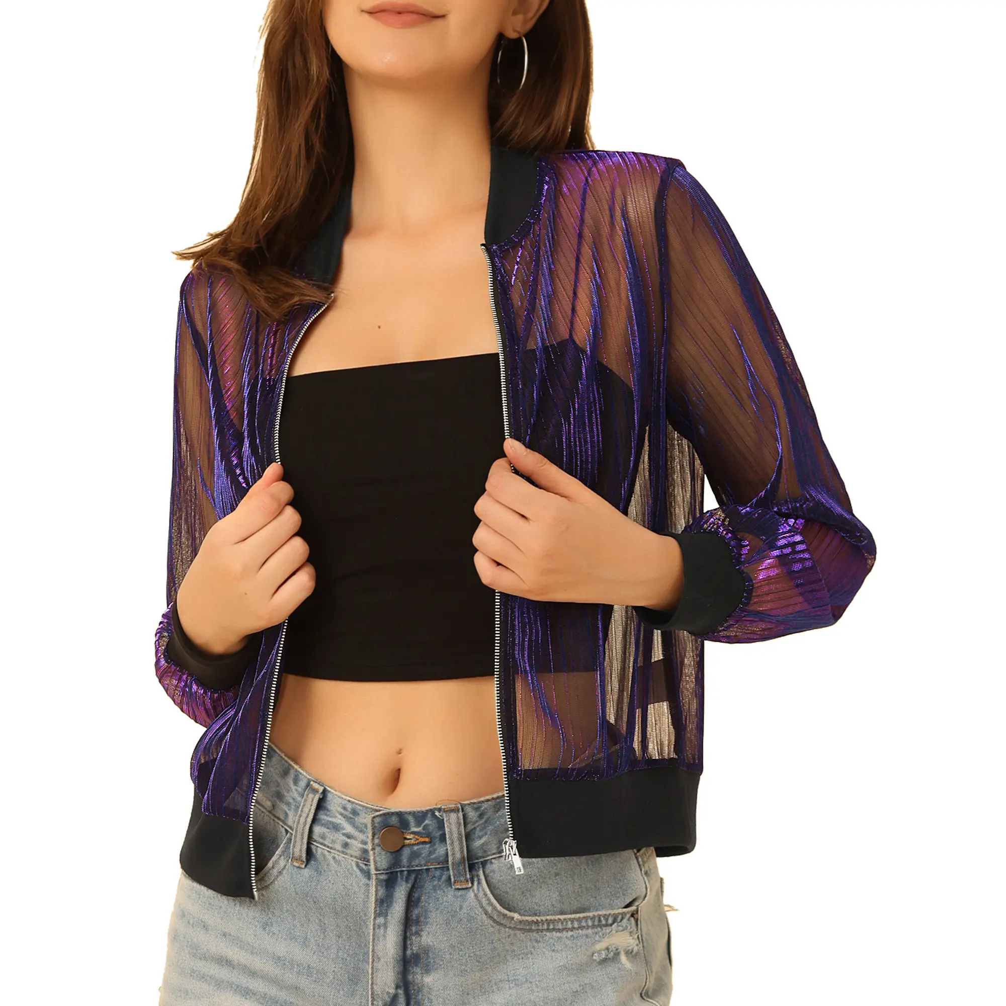 INSPIRE CHIC Sheer Mesh Glitter Shiny See Through Zip Up Jacket