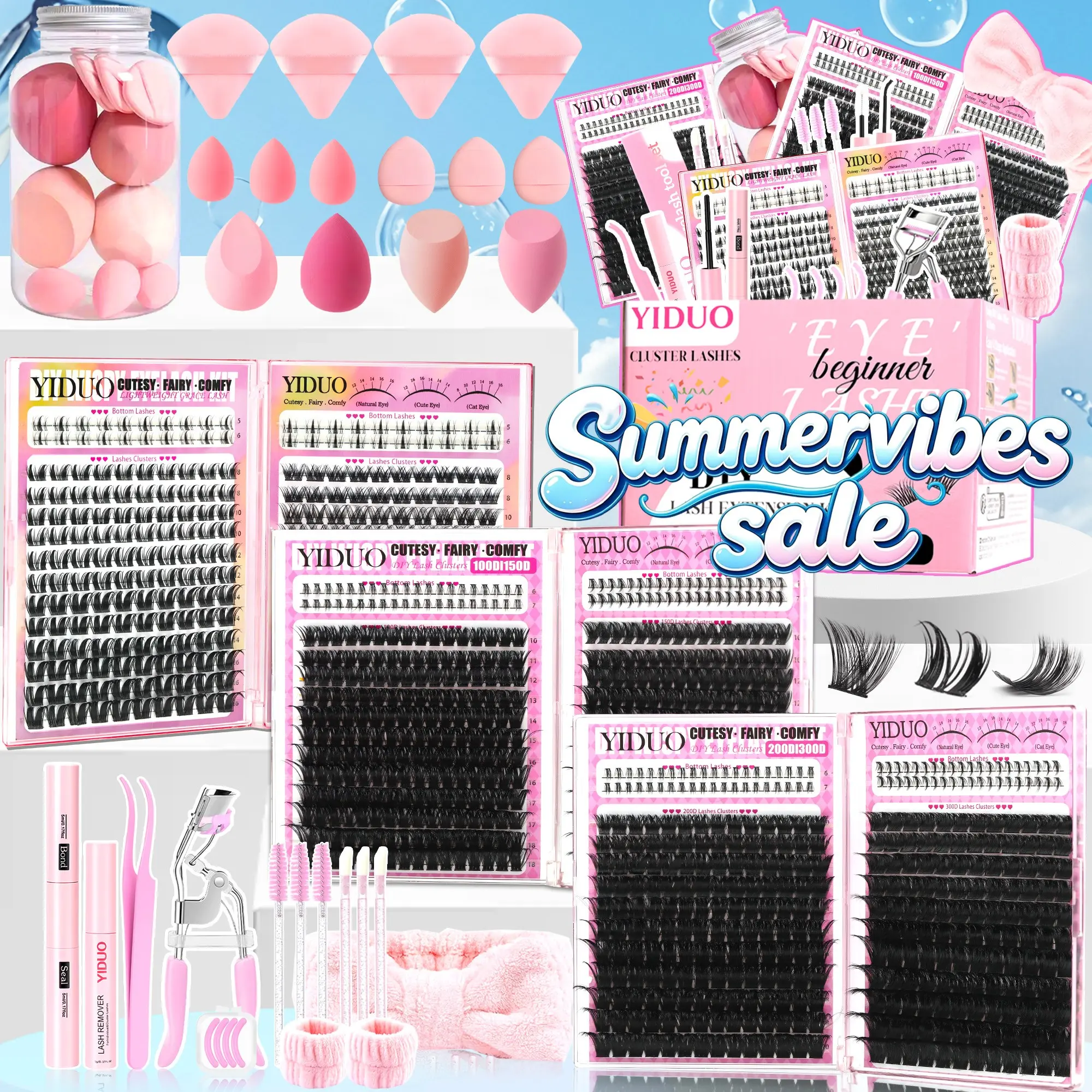 YIDUO All-in-One Cluster False Eyelashes Kit, Fluffy Eyelash Clusters, 100D/150D/200D/300D, Bunny/Wispy Styles & Bottom Lashes, 5-18mm D-Curvature, Complete Tools (Bond & Seal, Remover, Tweezers, Brush, Curler & Makeup Tools), DIY Lash Extensions