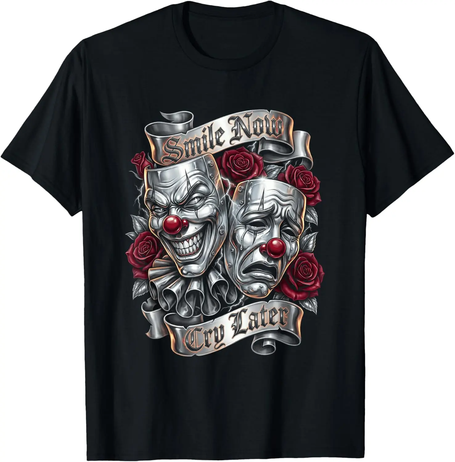 Unisex Casual Cotton Short-Sleeve Round-Neck Tee, Traditional Chicano Tattoo Art Smile Now Cry Later Drama Masks, Retro West Coast Latino Street Style Sports Top For Men Women, Shortsleeve