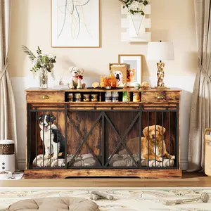 62.6" Extra Large Double Dog Crate Furniture, Heavy Duty 2-in-1 Indoor Kennel TV Stand for Large Dogs & Multiple Pets, Chew-Resistant Modern Wooden Dog House with Storage, Safe Sliding Barn Door Pet Cage Table
