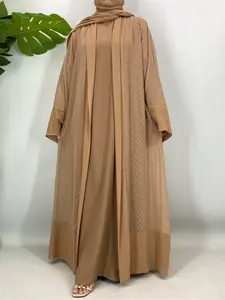 Fashionable Chiffon Muslim Abaya with Headscarf, Loose-Fit Woven Fabric, Moderate Thickening, Fall & Winter Wear, Modest Style, Modesty Abaya, Modest Muslim Outfits, Modesty Muslim Clothing