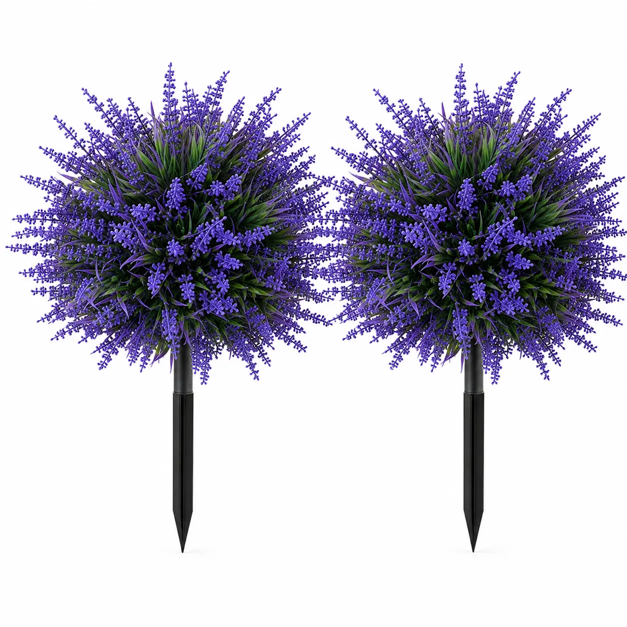 2 Pack UV-Resistant Elegant Faux Lavender Ball Shrub Decorative Flowers with Ground Spikes, Outdoor-Indoor Artificial Topiary Plants for Front Porch, Patio Home Decor