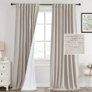 Blackout Living Room Curtains 96 Inch Long, Linen Curtains 2 Panel Sets with Thermal Insulated White Liner Primitive Textured Black Out Curtains for Bedroom Windows, W52 x L96, Stone