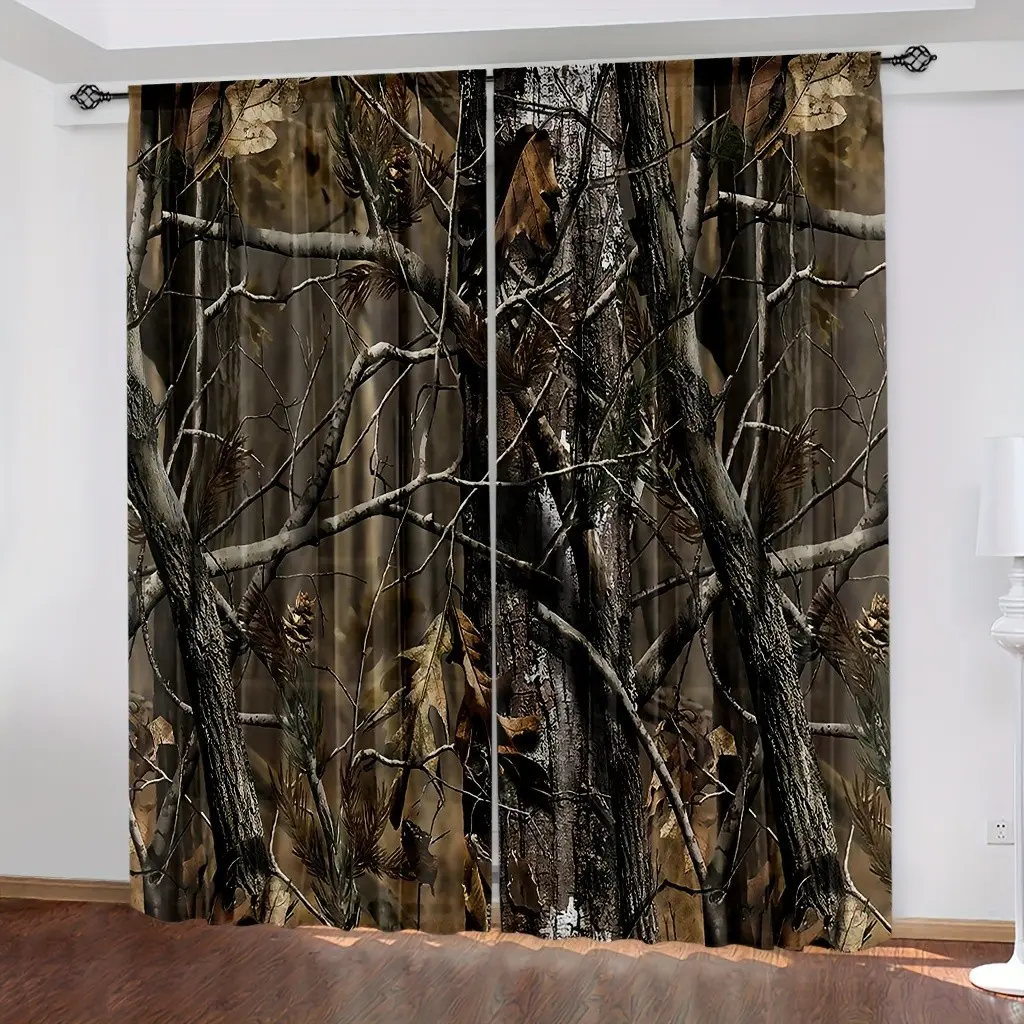 2 Piece Camouflage Tree Sheer Printed Window Curtains with Oak Branch and Leaf Design, Perfect for Hunting Lodge or Cabin Bedroom Decor, Home Decorative Curtain