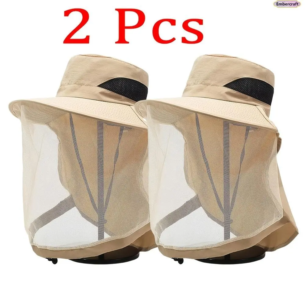 2PCS Mosquito Net Hat for Men and Women, Breathable Sun Protection Fishing Hat with Mesh Face Cover, Bug Proof Outdoor Bucket Hat for Camping, Hiking, Gardening, Fishing and Summer Travel,summervibes