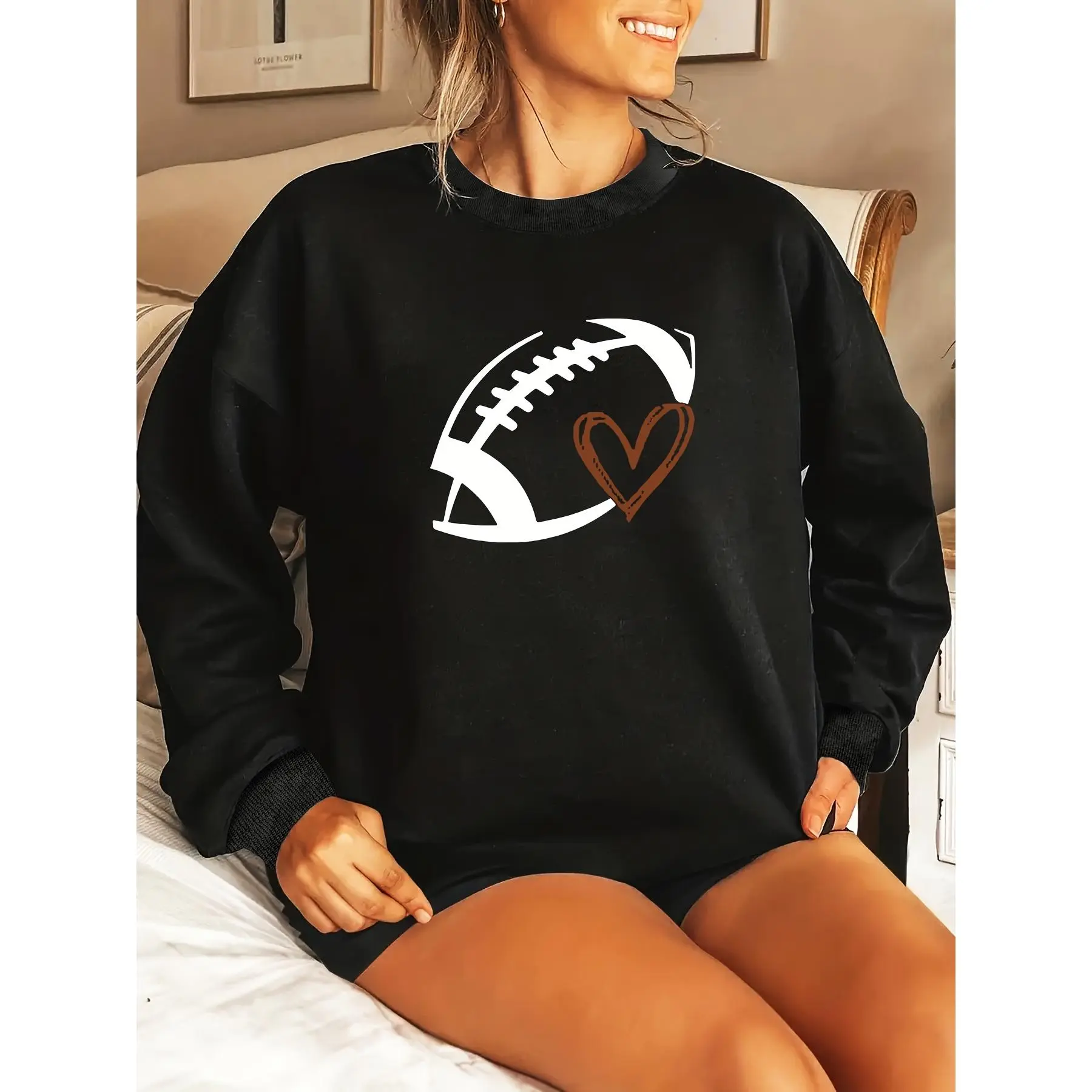 Plus Size Casual Sweatshirt, Women's Plus Heart & Rugby Print Long Sleeve Round Neck Sweatshirt