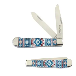 4” Trapper 2 Blade Pocket Knife Gentleman’s Knife American Indian Native Navajo Blue Design Mirror Finish