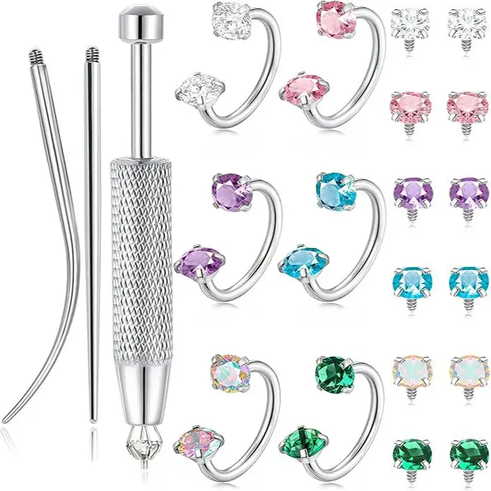 6PCS Stainless Steel Geometric CZ Nose Ring Set - 8mm Horseshoe Septum Hoop Jewelry, Hypoallergenic Nose Piercing Accessories for Women, Trendy Everyday Wear Gift