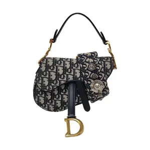 Pre-owned Dior canves Crossbody Bags Christian Mini Saddle Bag in Blue Oblique Jacquard and Black Calfskin with Antique Gold Tone Hardware