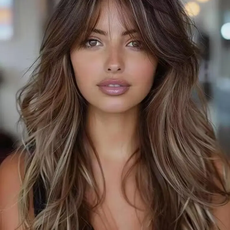 Natural-Looking 24-Inch Long Wavy Layered Synthetic Wig with Curtain Bangs, Breathable Rose-Mesh Cap with Elastic Straps and Adjustable Buckles