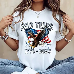 🦅✨ [100% Cotton] American Eagle Independence Day 250 Years 1776-2026 T-Shirt – White Patriotic Tee with Flag & Bald Eagle Graphic, Unisex Short Sleeve Cotton Top, 4th of July Celebration Shirt, National Holiday Outfit, Family Event, Casual Everyday Wear