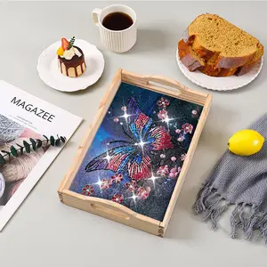 1pc DIY Butterfly Diamond Art Wooden Tray Set, Diamond Painting Serving Tray for Breakfast, Dinner, Snacks, Foods, Cups, Multi-Purpose Diamond Art Dinner Plate with Handles for Home Office Restaurant Decor, Great Christmas Gifts for Friends and Family
