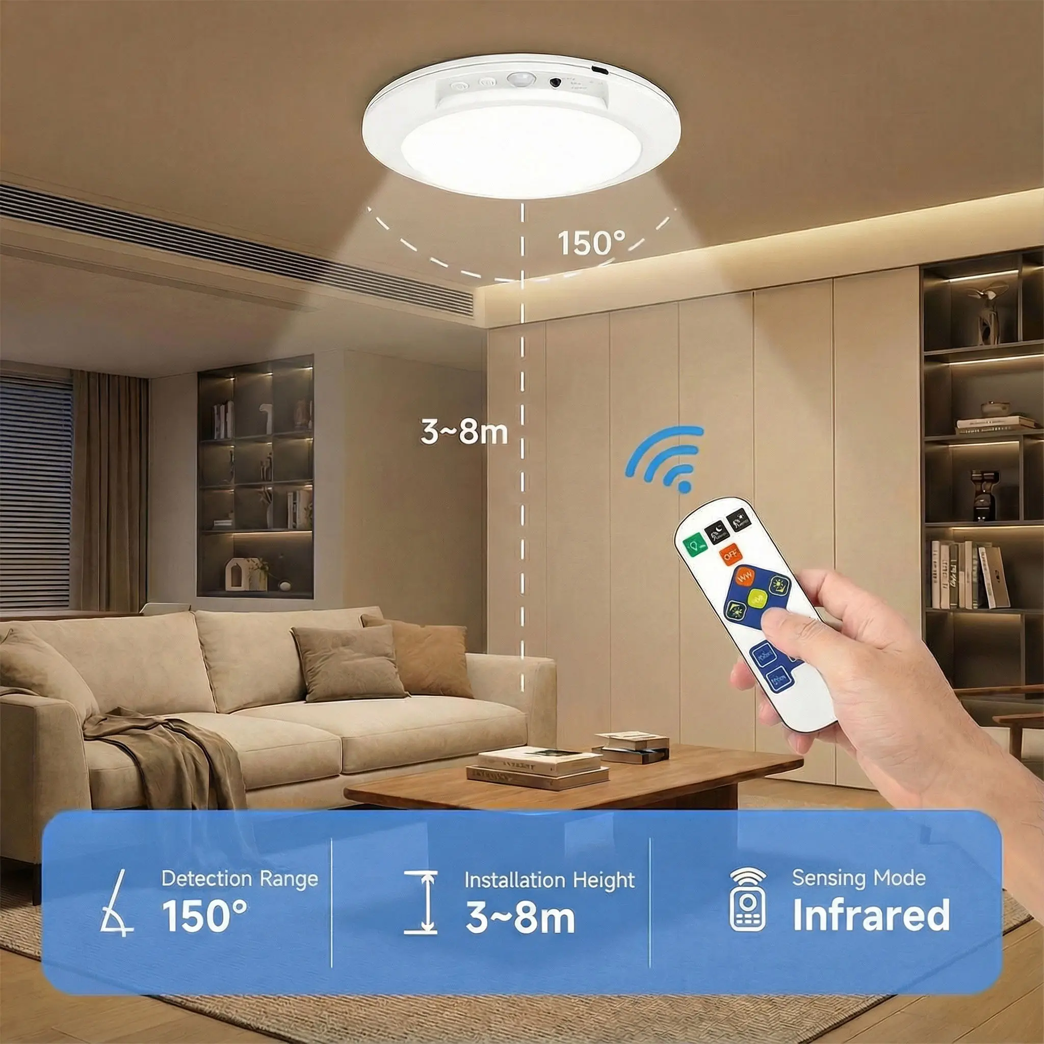 Rechargeable Motion Sensor LED Ceiling Light with Remote Control - USB Charging, 4000mAh Battery, Magnetic Wireless, Adjustable Multi-Color, 10-Level Dimming, 400Lumens Auto On/Off, Steel & Plastic Build, Lighting for Closet, Stairs