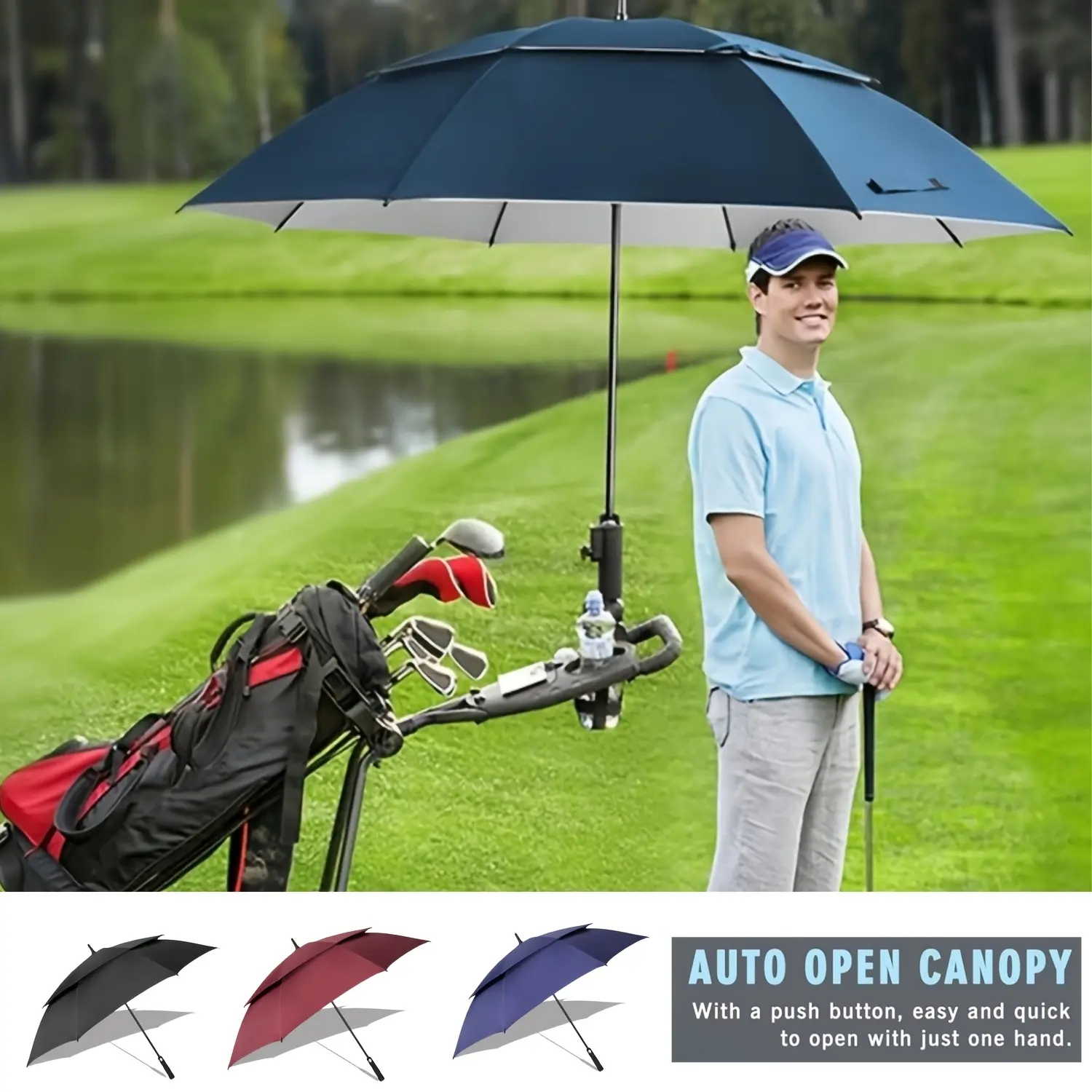 Automatic Heavy Duty Golf Umbrella - Cloth Auto-Open Canopy, Carbon Fibre Double Layer Windproof Design, Rubber Handle, Extra Large for 2-3 Ppl, Heavy Duty Protection, UV Protection for Adults