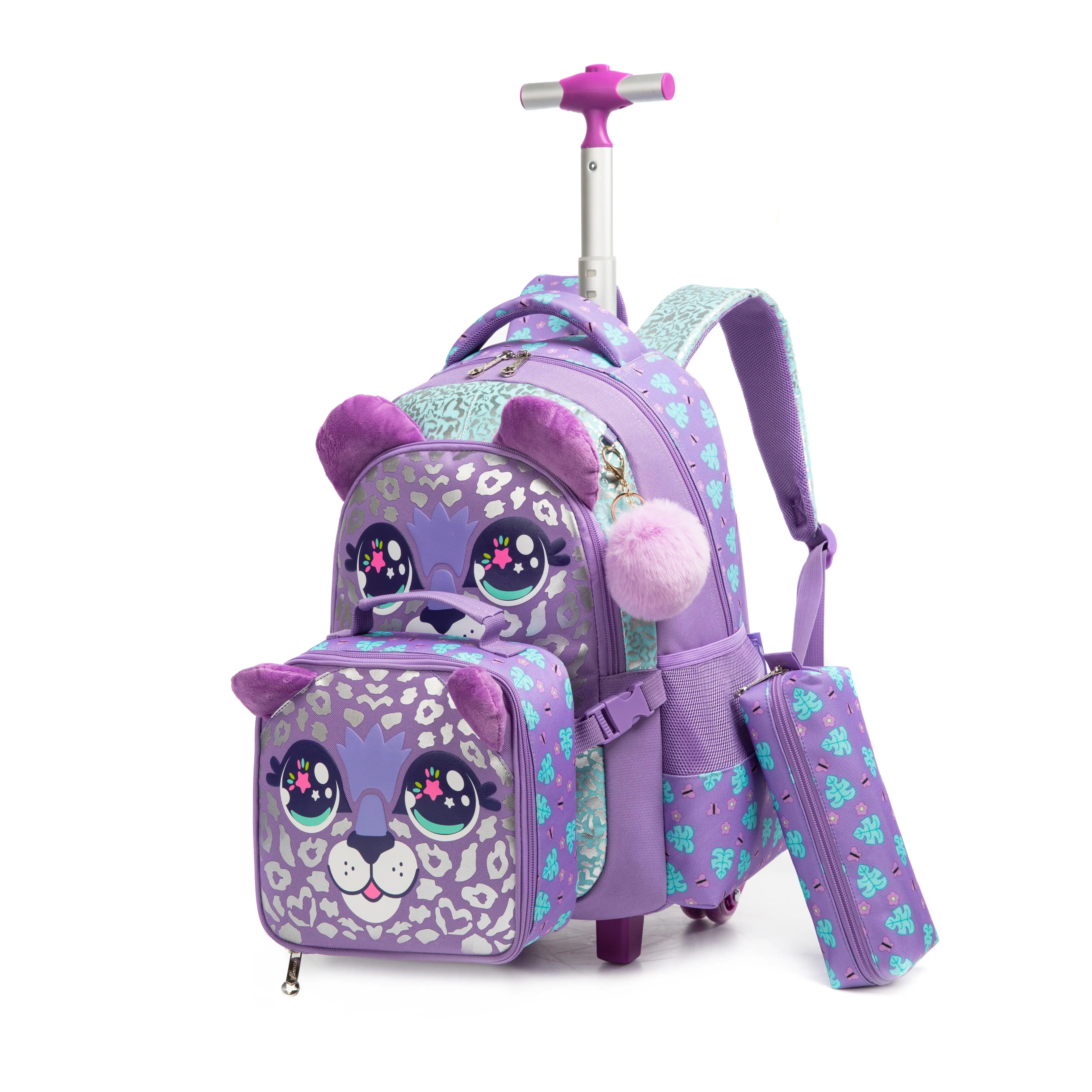 Girls' Child-Sized Rolling Backpack 3-Piece Set - Cute Cartoon Leopard Print, Double Pocket, Insulated Lunch Bag, Pencil Case, Adjustable, Telescoping Handle, Smooth Wheels, Back to School Haul for Children