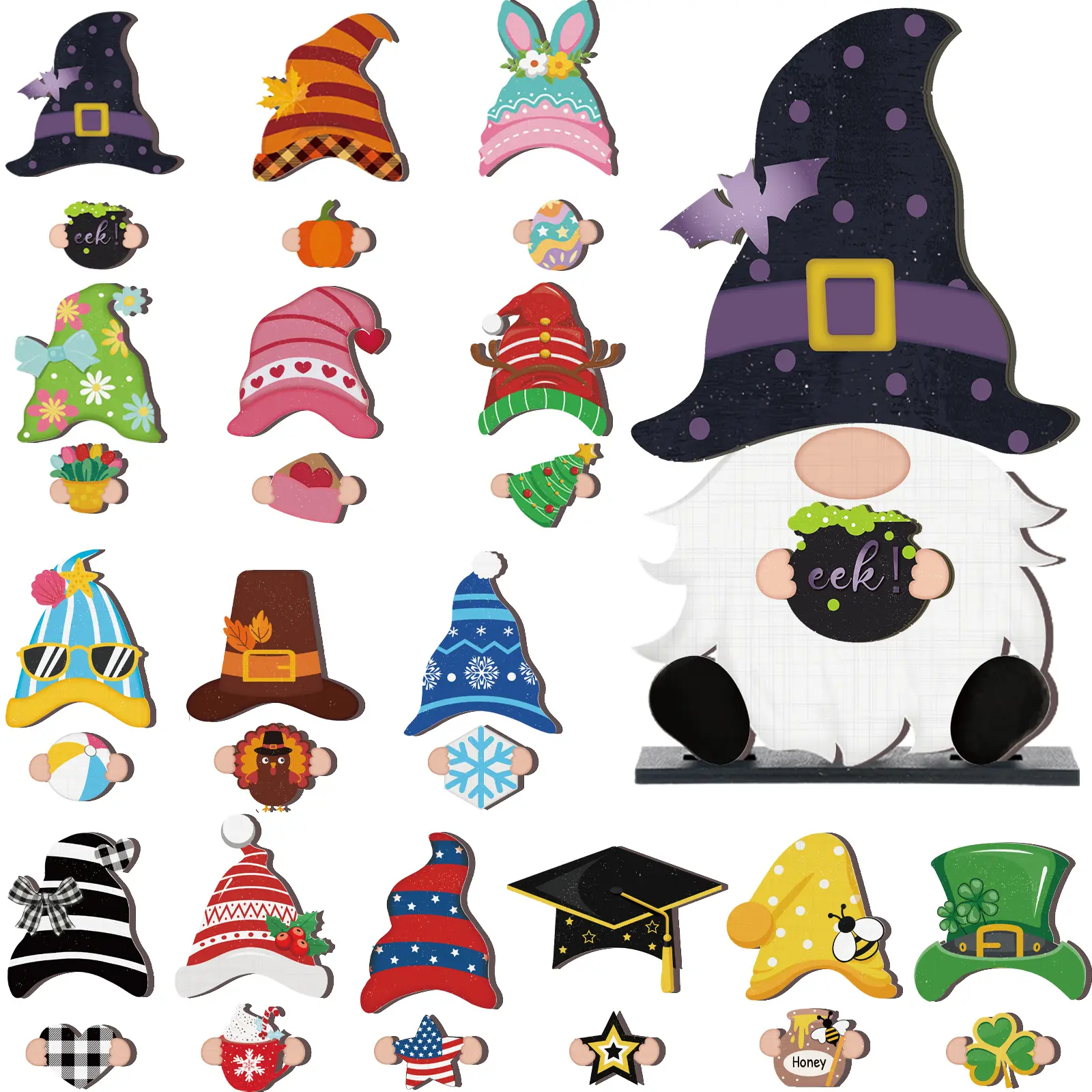 Gejoy Gnome Sign Halloween Gnome Interchangeable Desk Decor with Magnet Accessories Gnome Wooden Sign for Summer Holiday Seasonal Halloween Christmas Party Office Home Living Room Gift for Gnome Lovers, Halloween Gift