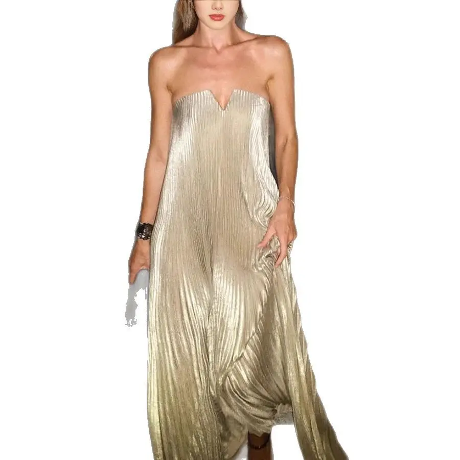 High-end custom dress in old money style, women's strapless pleated maxi dress, sexy dress, pleated skirt for women