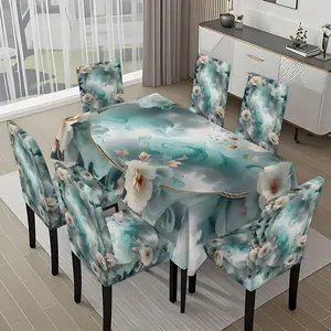 5/7-piece 2D Flat Printing Happy Spring Floral Ring Printing Pattern Tablecloth and Chair Cover Set, for dining table and chair decoration, perfect for home, holiday gatherings, restaurants, and parties.