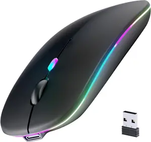 Rechargeable Wireless Bluetooth Mouse with LED Lights | Silent Ultra-Thin Portable Mouse for Laptop, MacBook, iPad & PC | Bluetooth 5.2 + 2.4G USB Receiver - Black