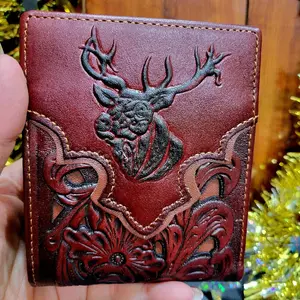 Men's Wallet Deer Western style genuine leather short bi-fold lasercut wallet