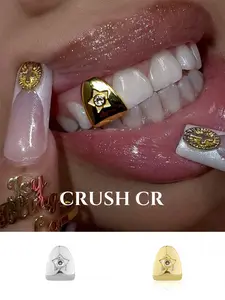 CRUSH CR 14K Gold Plated Sparkling Star Tooth Cap Grillz, Tooth Gem for Men Women Hypoallergenic Removable Perfect for Hip Hop Concerts, Music Festivals Club Nights Urban Street Style Birthday Anniversary Graduation Holiday Gift Bling Dental Jewelry