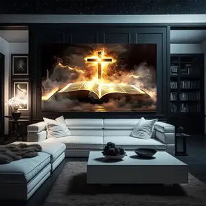 [2D Flat] 1pc Inspirational Cross & Scripture Canvas Wall Art with Golden Light and Shadow Design, Wooden Frame - Large Size, Perfect for Living Room, Bedroom, or Office Decor, Ideal Gift, Inspirational Wall Decor, Perfect for Room Decor