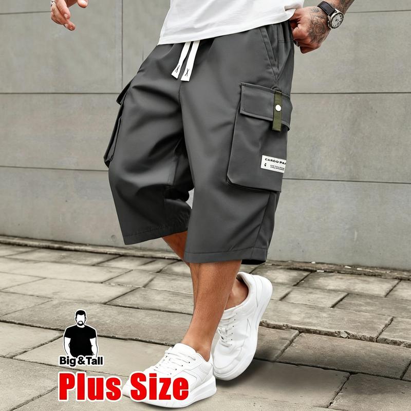 Plus-Size Men's Dark Gray Summer Cargo Pants - Lightweight Breathable Regular Fit, Adjustable Drawstring Waist, Large Utility Pockets, Stylish Letter Patch, Ideal for Daily Casual Wear & Outdoor Hiking, Plus-Size Men's Pants