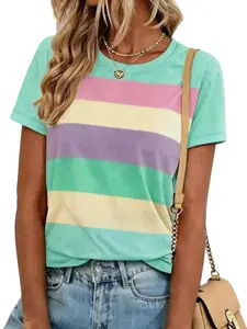 Women's Summer New Fashion Round Neck Wide Striped Print Short Sleeve T-Shirt, Womenswear, Soft Casual Vacation Commute, Loose-Fitting