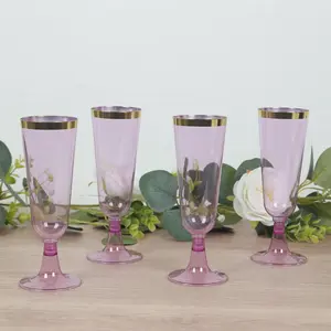 12-Pack Plastic Champagne Flutes 5oz Transparent Purple with Gold Rim - Disposable Toasting Glasses with Detachable Base 6"