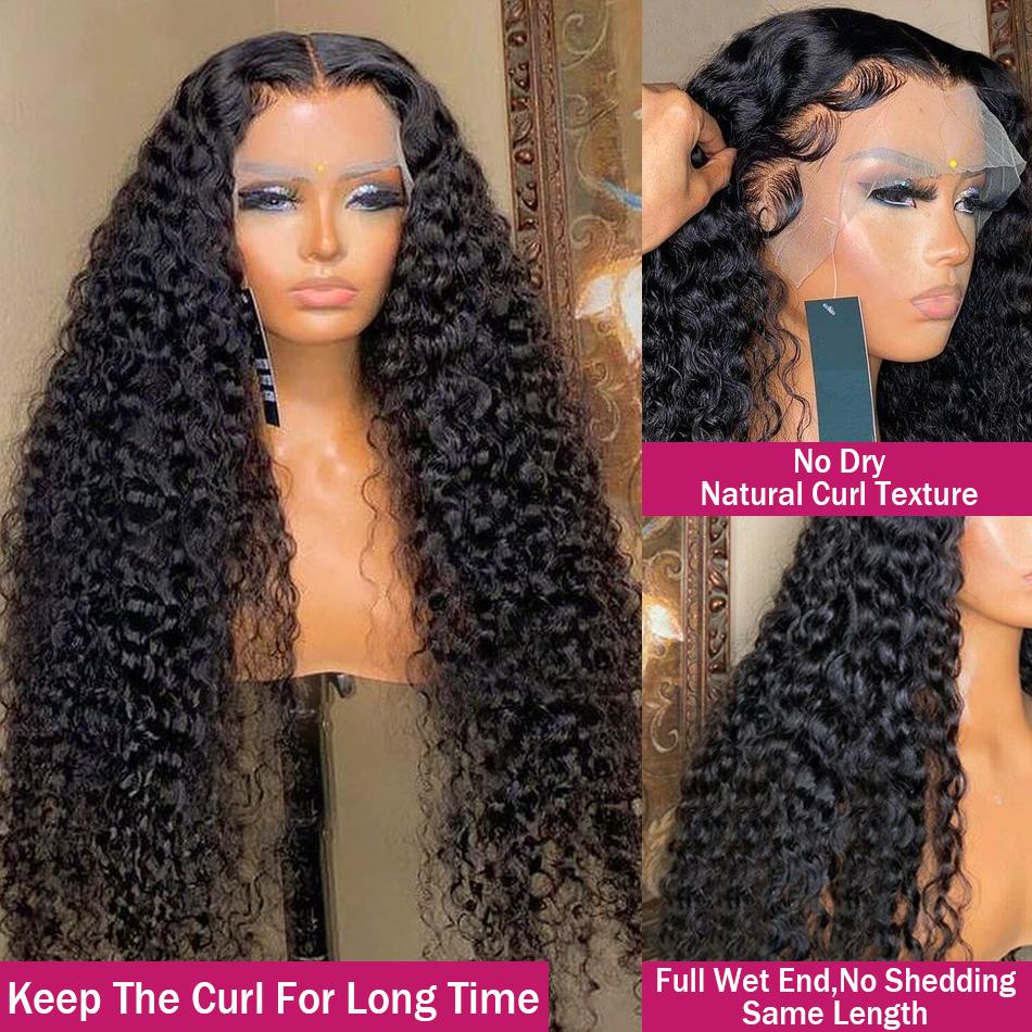 40 38Inch Deep Wave 13x6 Lace Front Wigs Drawstring Glueless Wig Human Hair 180 Density 13x4 HD Lace Frontal Wigs Human Hair Pre Plucked Deep Curly Glueless Wigs Human Hair for Women Natural Black