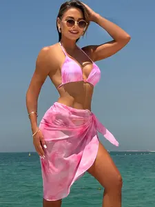 Women's Tie-Dye Bikini Set with Thin Long Sleeve Front Bottom Binding Cover-Up, Casual Slim-Fitting Three-Piece Swimsuit, Swimsuit for Beach, High Stretch Bikini