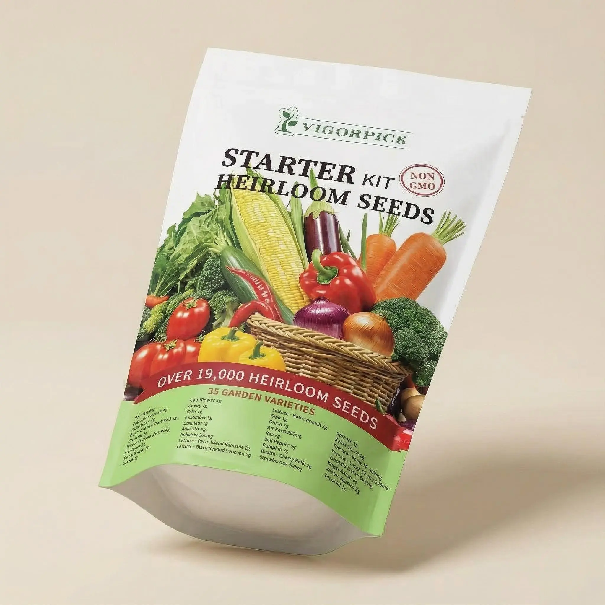 Organic Vegetable Seed Bank Bag - 35-Selection Assortment, Full Sun Required, All Seasons Kitchen Garden Prepper Kit, DIY Patio Horticulture Gift for Home Gardeners