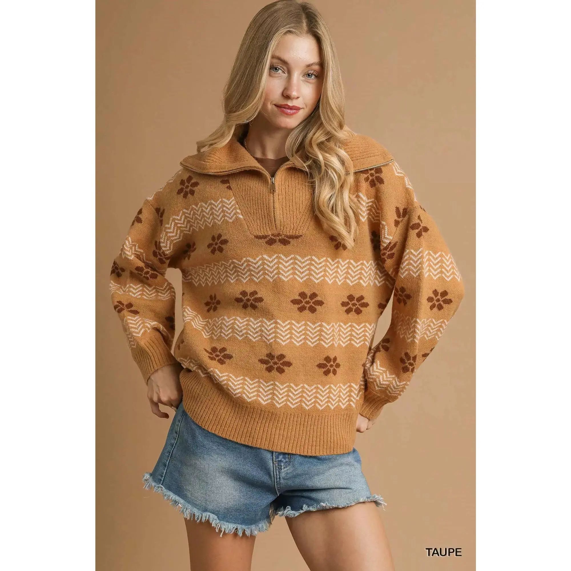 Umgee Floral Patterned Jacquard Quarter-Zip Pullover Sweater