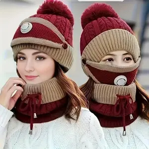 3PCS Women's Beanie Set with Mask and Scarf, Thickened Fleece Winter Hat for Ear Protection and Extra Warmth